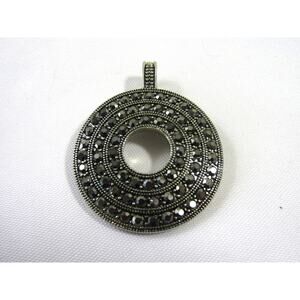 Silver Tone Rhinestone Pendant Oval Disc Lever Opening 2 1/4" Minimalist Neutral